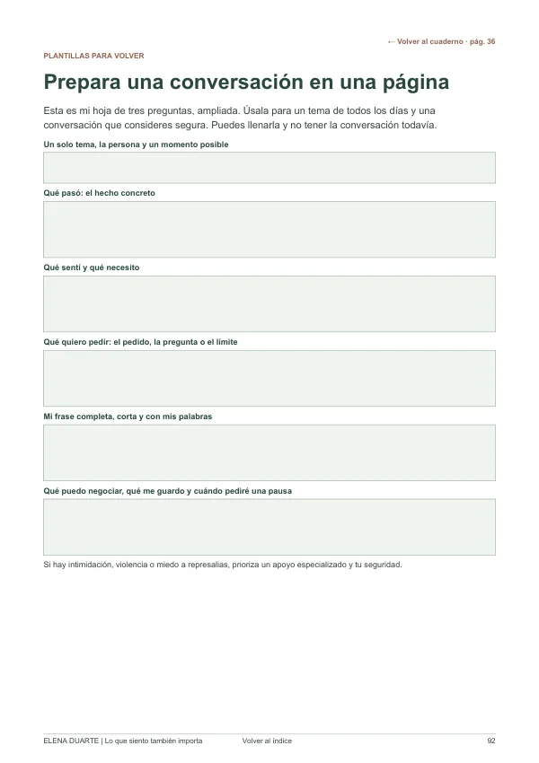 Plantilla para preparar una conversación en una página