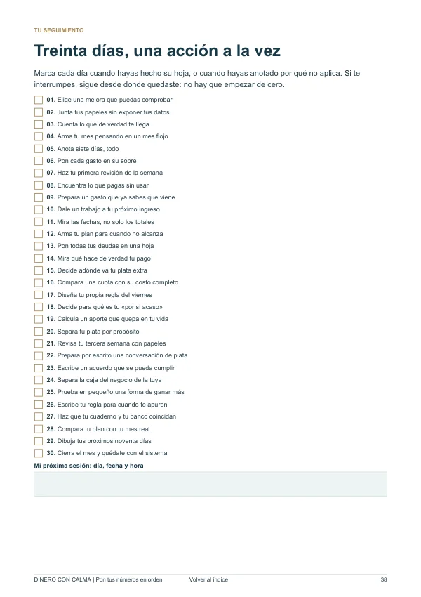 Página de seguimiento con los 30 días del programa